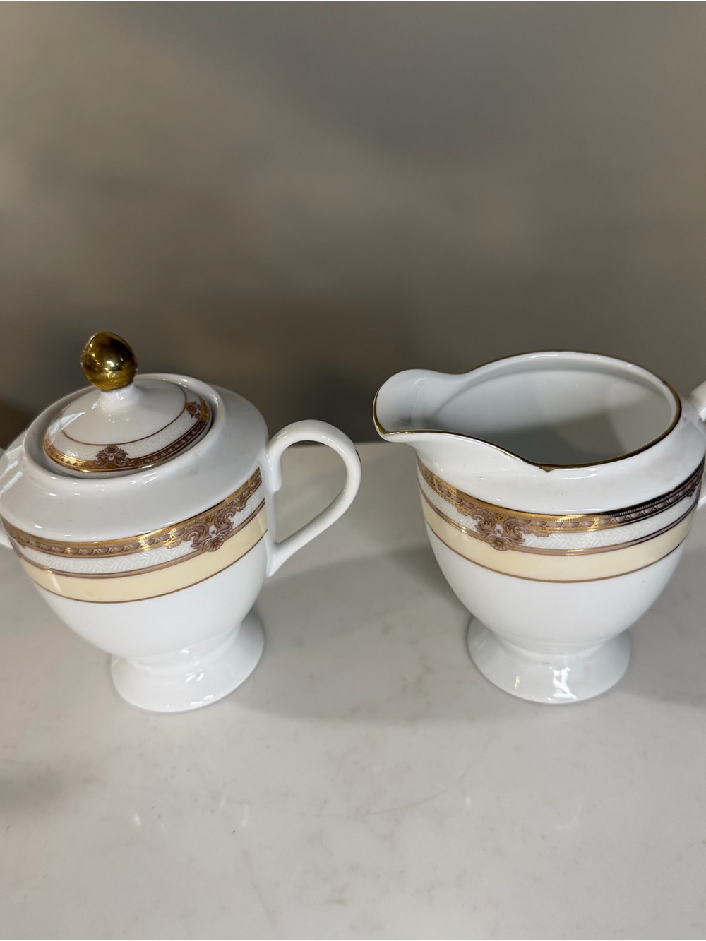 Classic White Porcelain Creamer and Sugar Set with Gold Trim, vintage casa elite